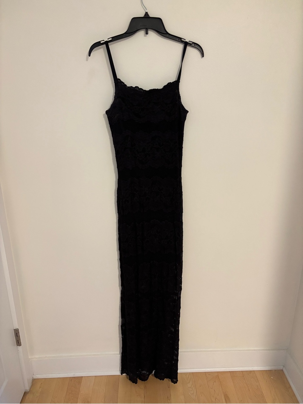 le chateau Black Lace Maxi Slip Dress with Spaghetti Straps